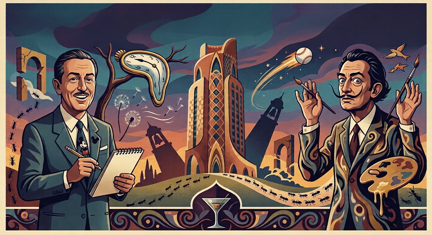 Illustration of Walt Disney with a sketchpad and Salvador Dalí with a palette, surrounded by melting clocks, dandelions, bell towers, ants, a baseball and a Spanish-style tower